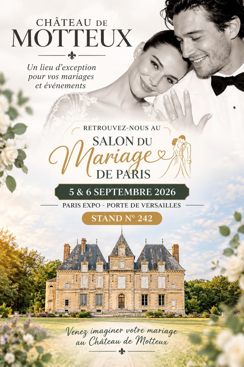 Affiche du Château de Motteux pour le Salon du Mariage de Paris : 5 et 6 septembre 2026, Paris Expo Porte de Versailles, stand n° 242