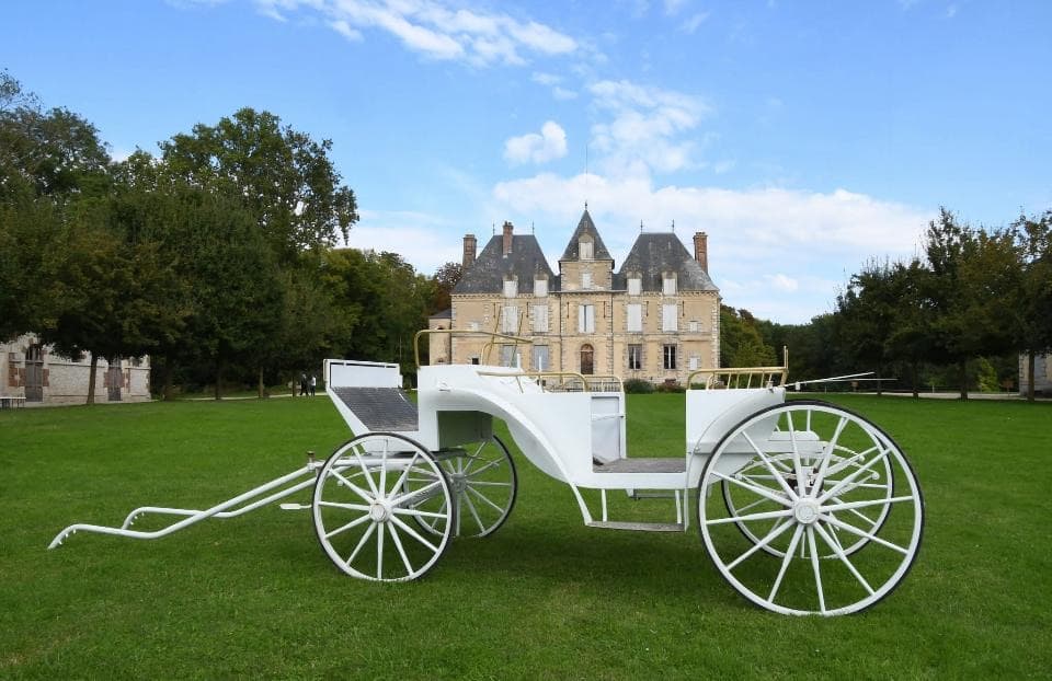 Calèche blanche de mariage sur la pelouse du parc du château de Motteux sous un ciel d’été